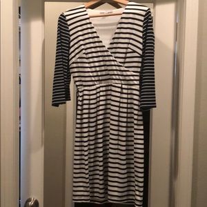 Black and white striped, faux wrap dress